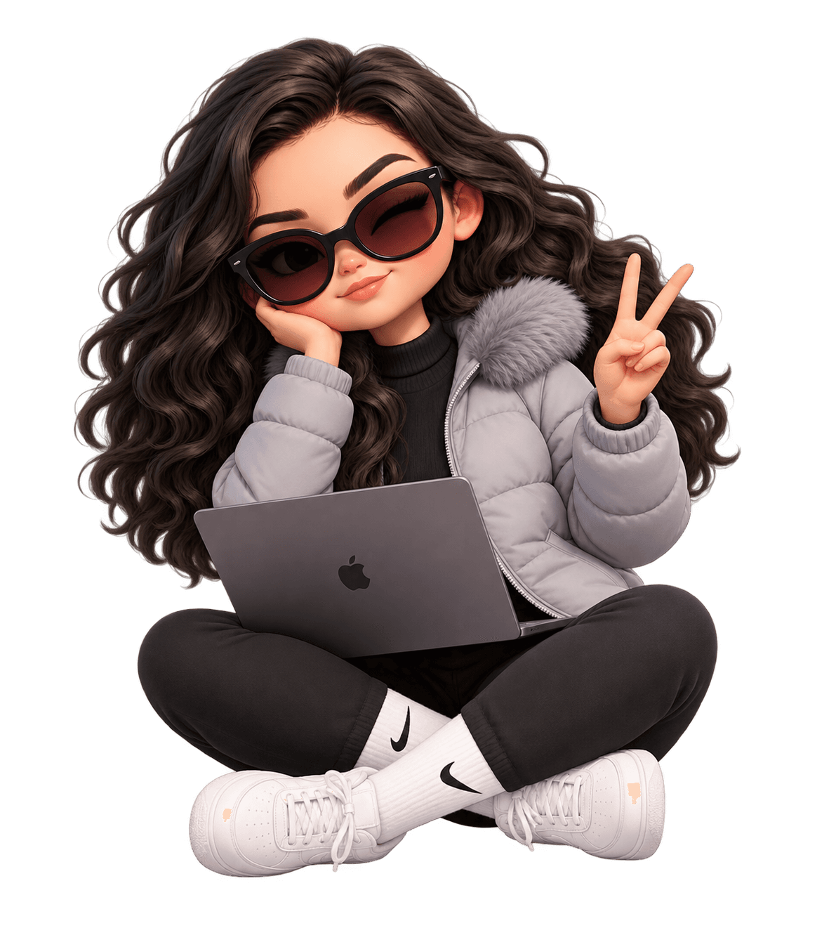 Illustrated portrait of Aakrity Chapagain, Video Editor & Visual Designer, sitting cross-legged with a laptop
