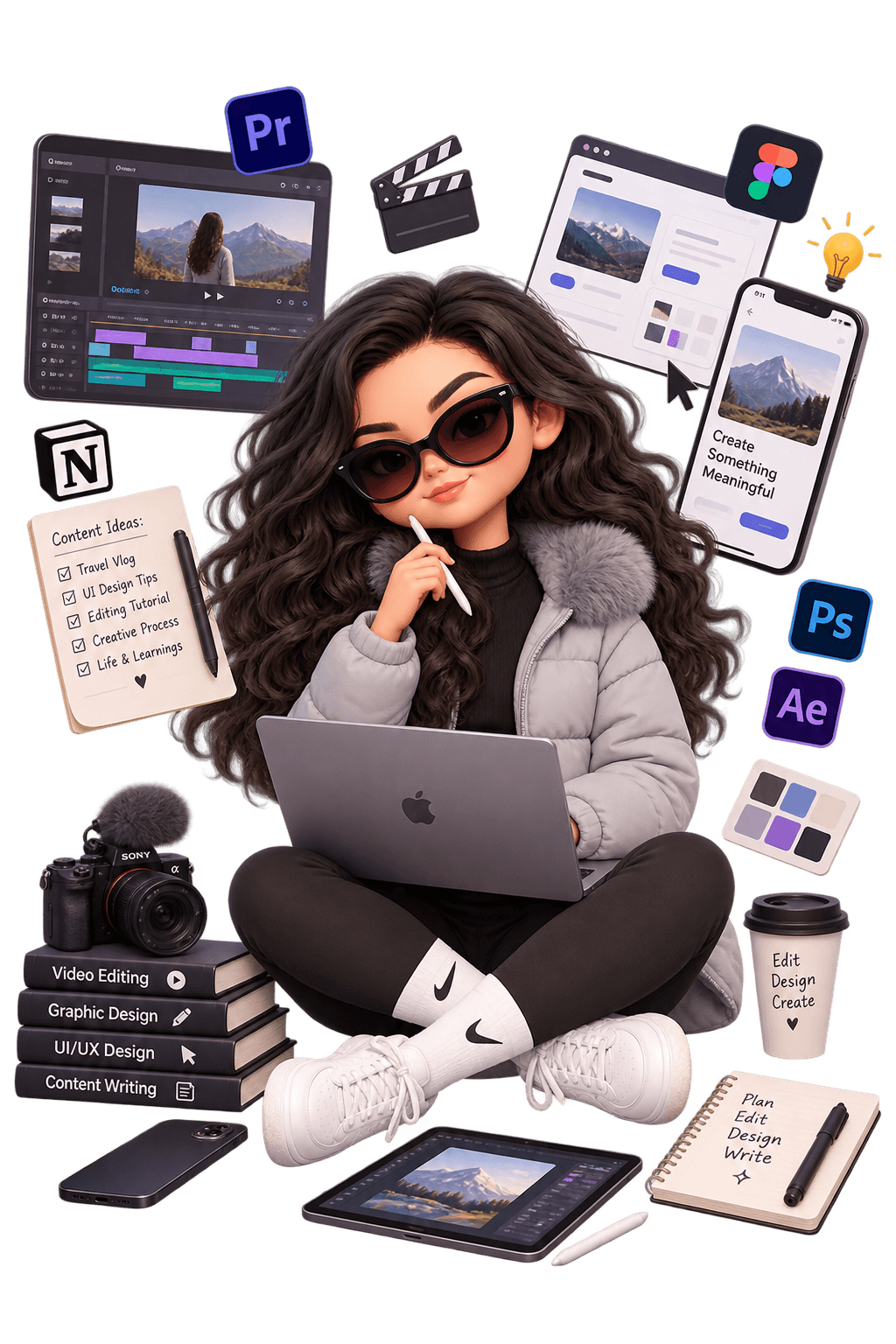 Illustration of Aakrity's workspace — editing timeline, Figma file, camera and design tools around her